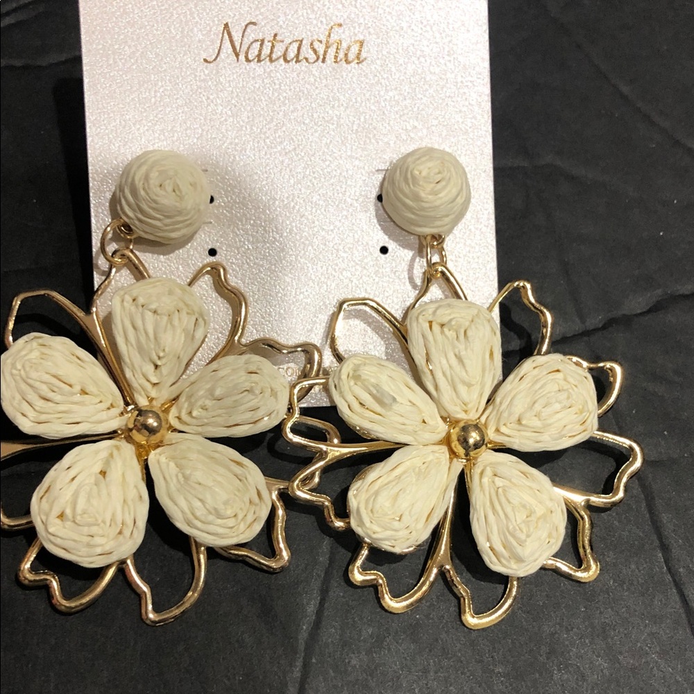 Natasha Couture cream 3D raffia petals gold tone wire frame petals drop earrings